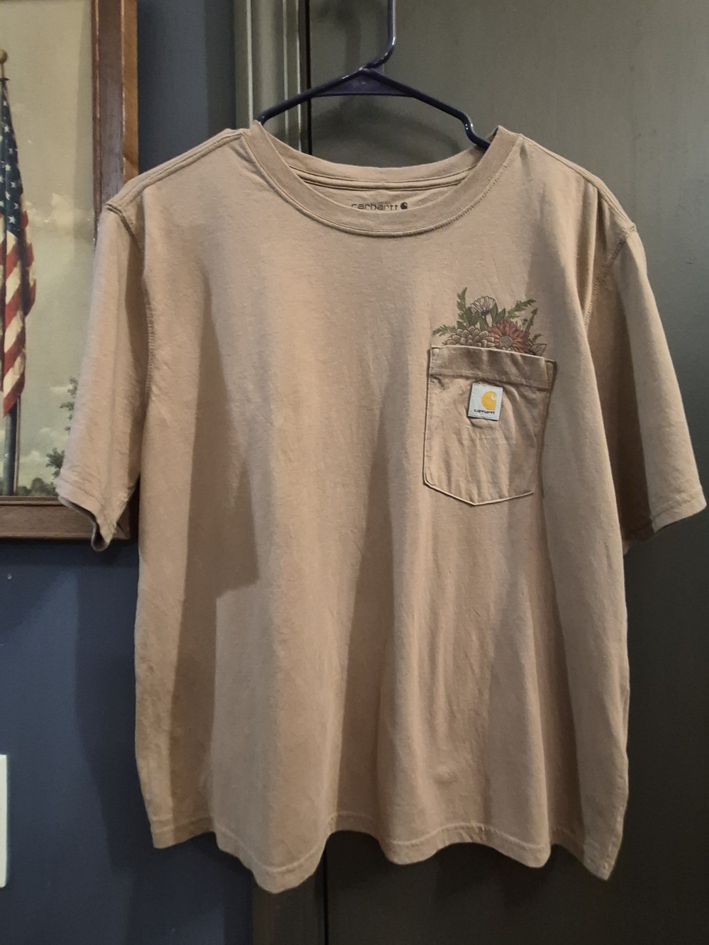 VINTAGE Carhartt Short Sleeve Pocket Tee in Tan with Floral Pocket Graphic